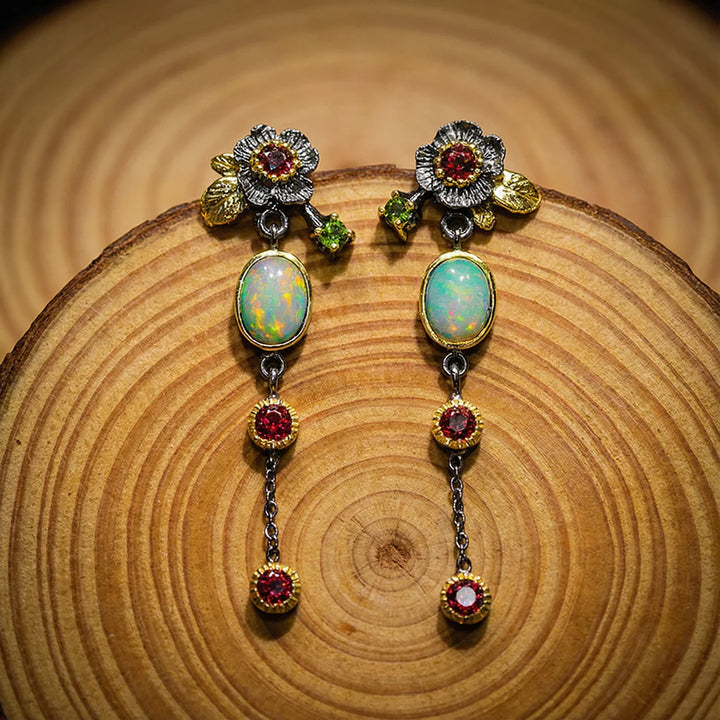 Kolczyki Boho Opal Cyrkon Czerwony