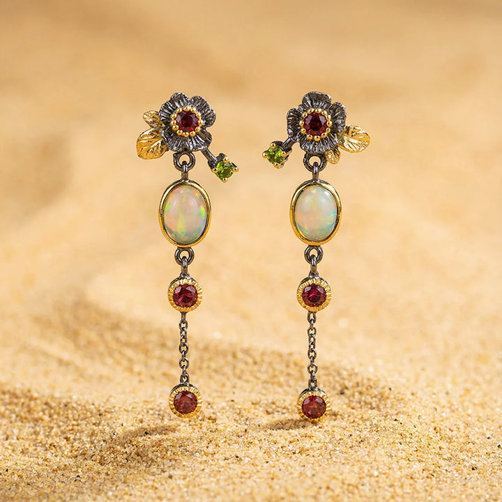 Kolczyki Boho Opal Cyrkon Czerwony