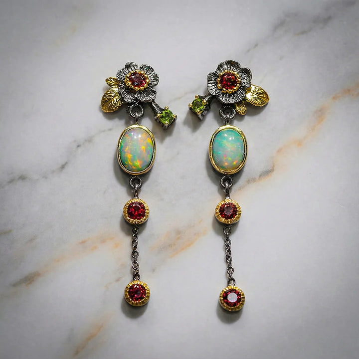 Kolczyki Boho Opal Cyrkon Czerwony