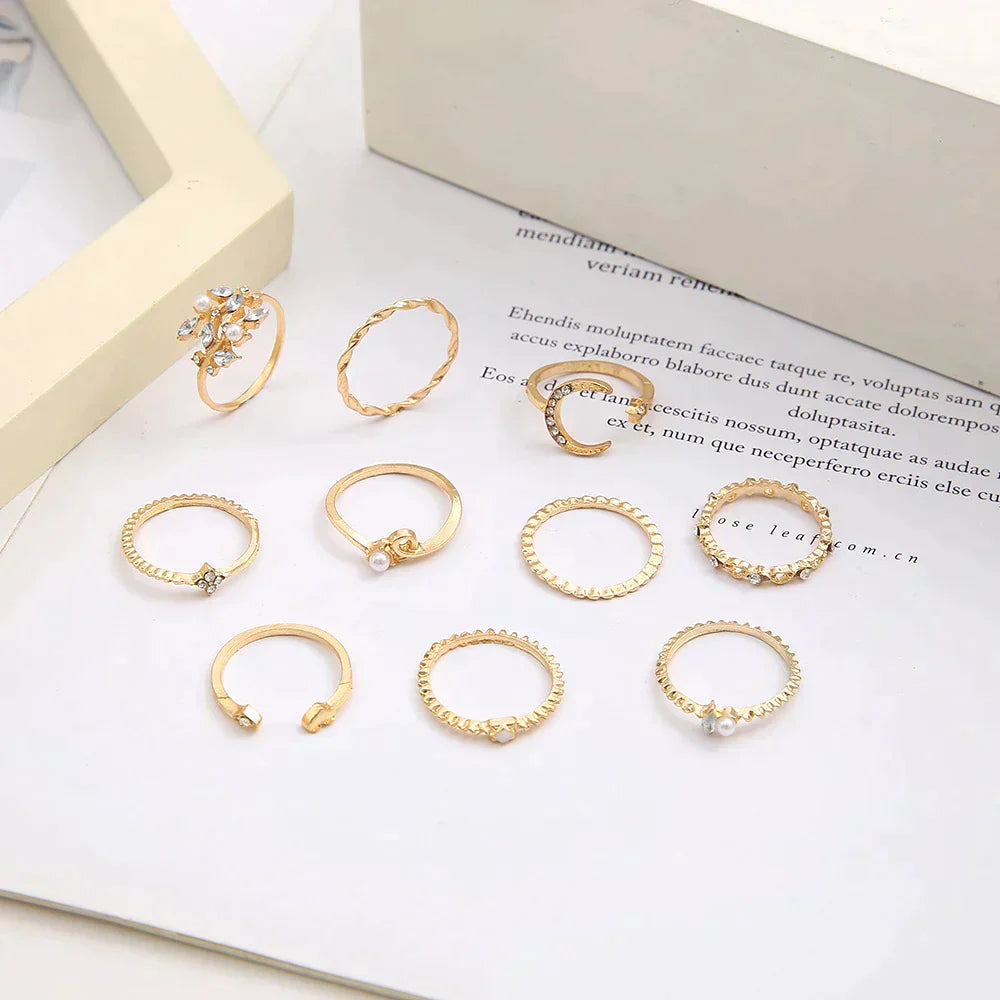 10 Pack pierścionków w stylu boho, srebrnych i złoconych