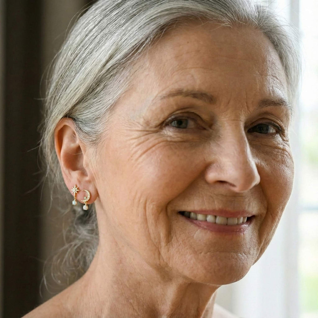 Złote Kolczyki Księżyc i Gwiazda z Opalem