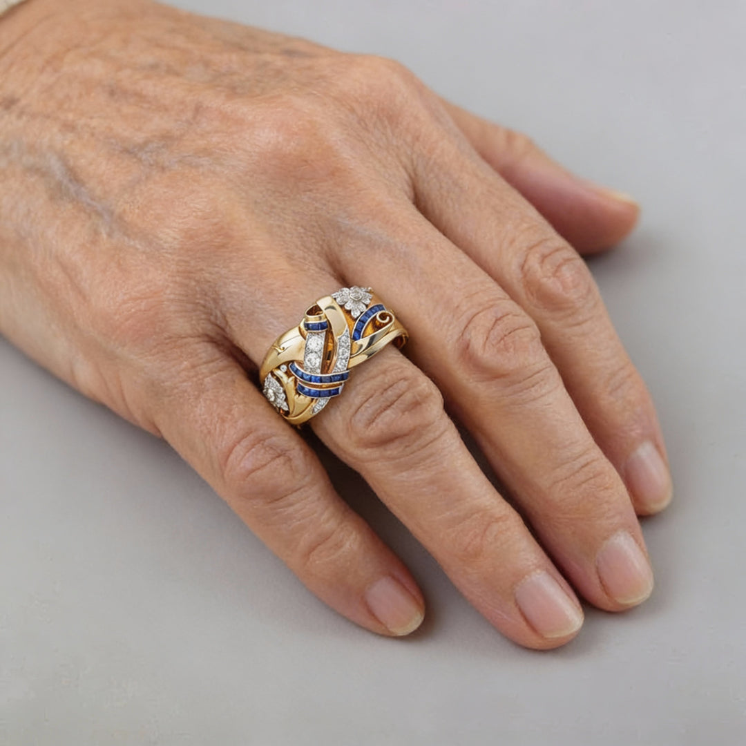 Pierścionek Vintage Złoty z Niebieską Cyrkonią