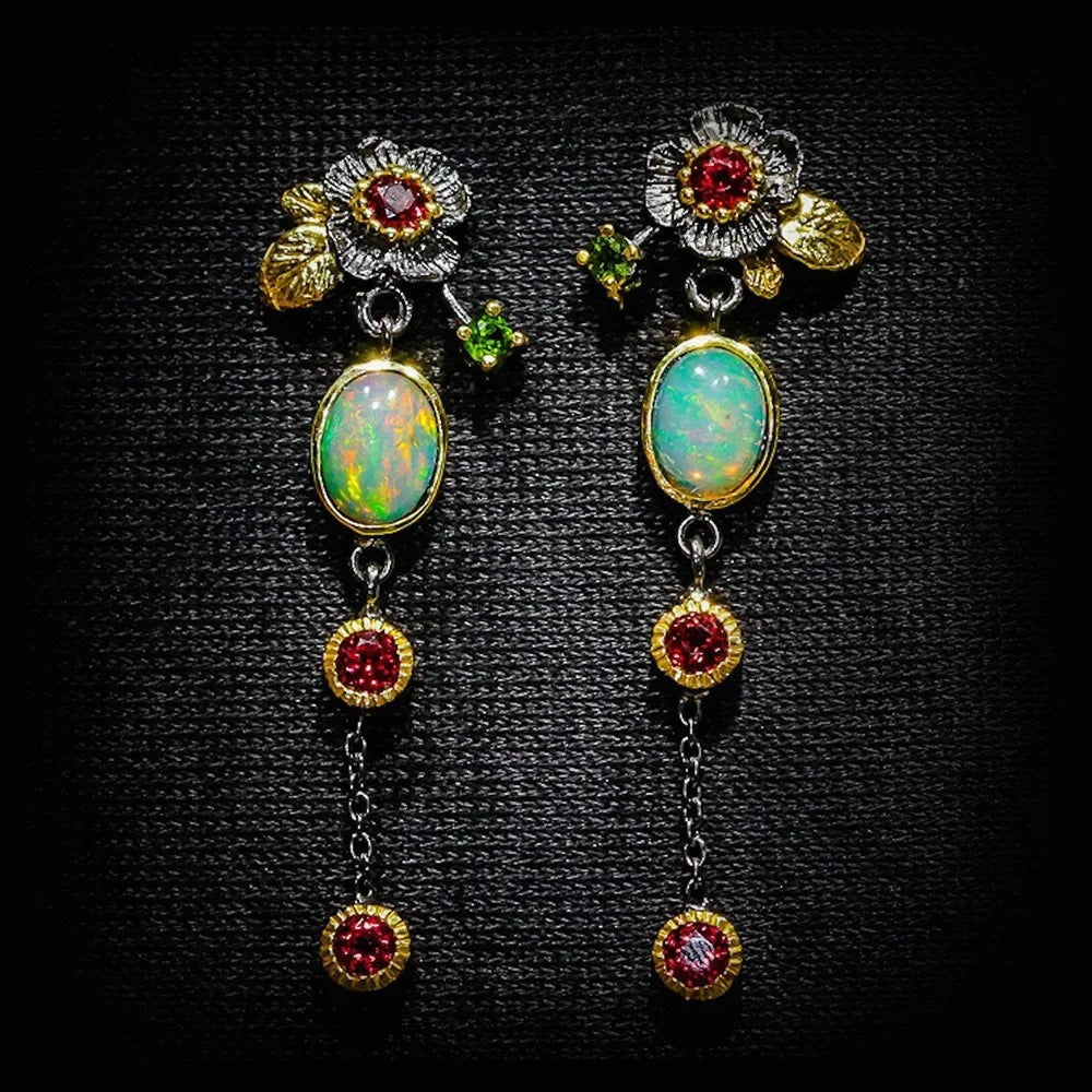 Kolczyki Boho Opal Cyrkon Czerwony