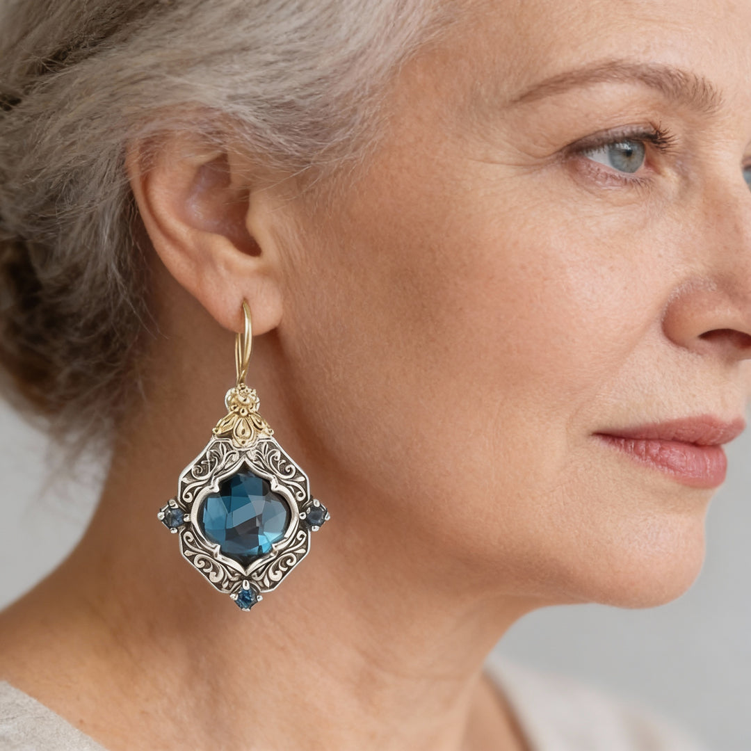 Złoto-Srebrne Kolczyki z Niebieskim Kryształem