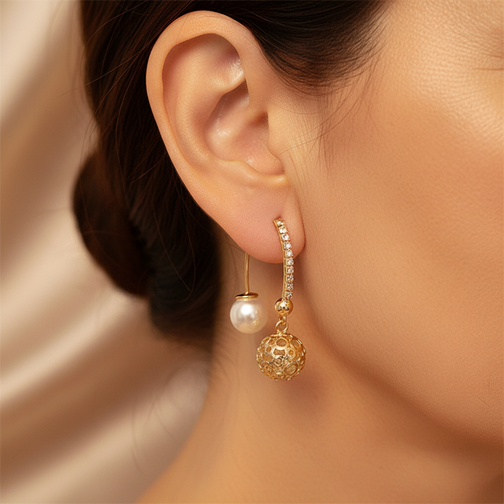 Vintage Wiszące Złote Kolczyki z Perłami