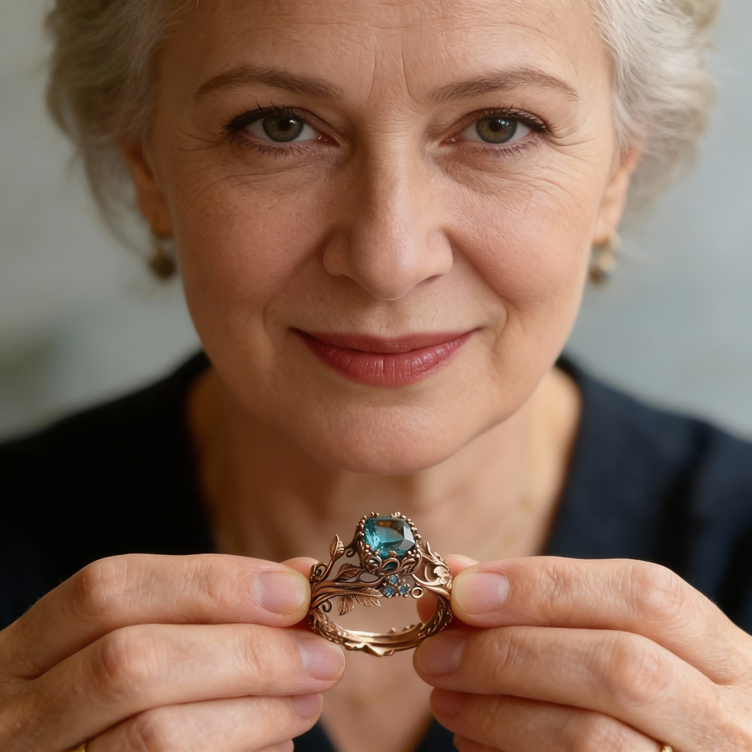 Pierścionek z motywem natury z zielonym kryształem