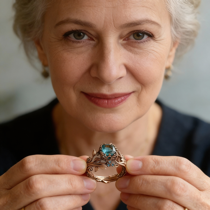 Pierścionek z motywem natury z zielonym kryształem