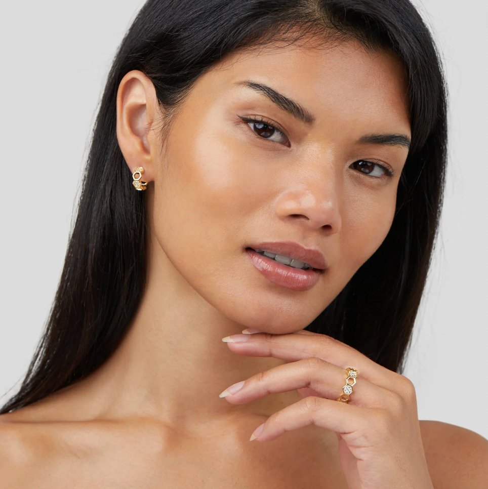 Pierścionek Plaster Miodu w Złocie i Krysztale