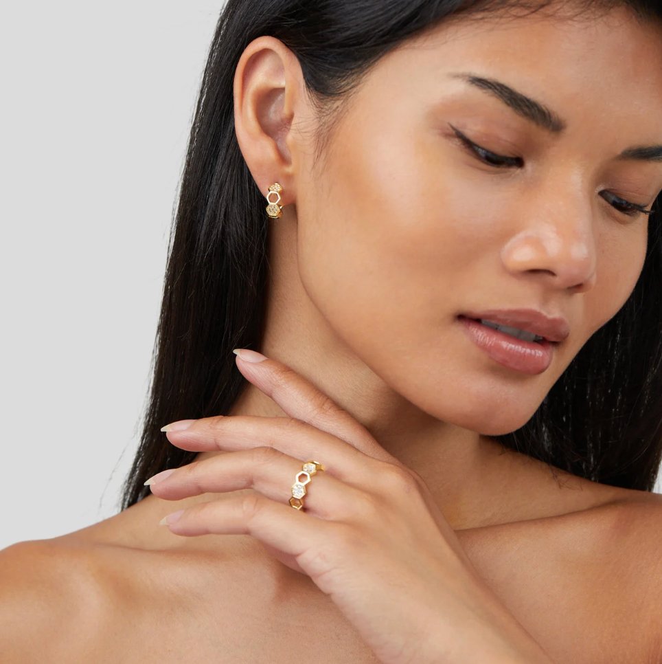 Pierścionek Plaster Miodu w Złocie i Krysztale