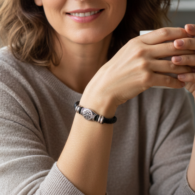 Czarna Skórzana Bransoletka Pleciona z Kompasem Wikingów