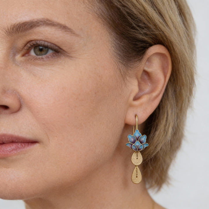 Kolczyki Boho Lotos Niebieski Złoto