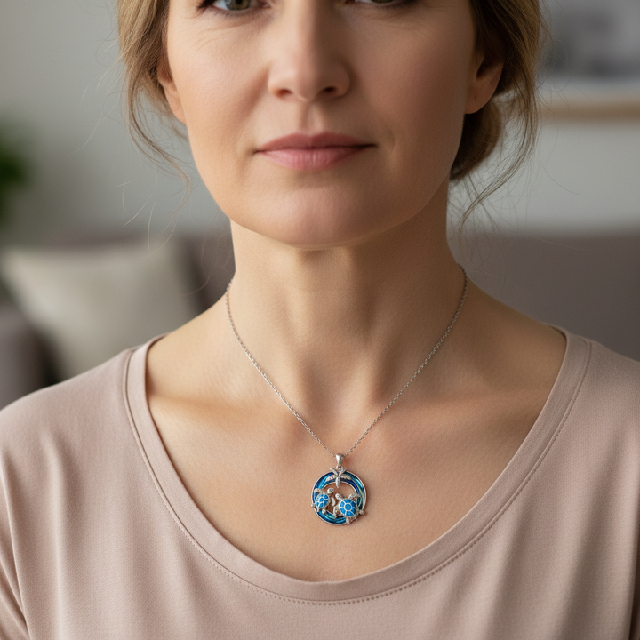 Naszyjnik - Żółw, Krąg i Opal na Dłoni