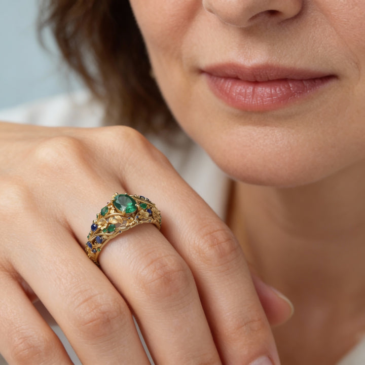 Pierścionek Złoty z Kryształami Zielonymi i Niebieskimi