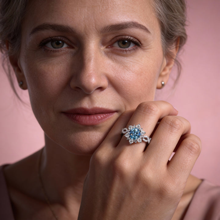 Pierścionek w Kształcie Kwiatu z Kryształem Turkusowym