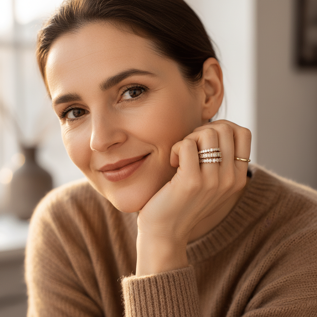 Złote pierścionki warstwowe z cyrkonią 14k