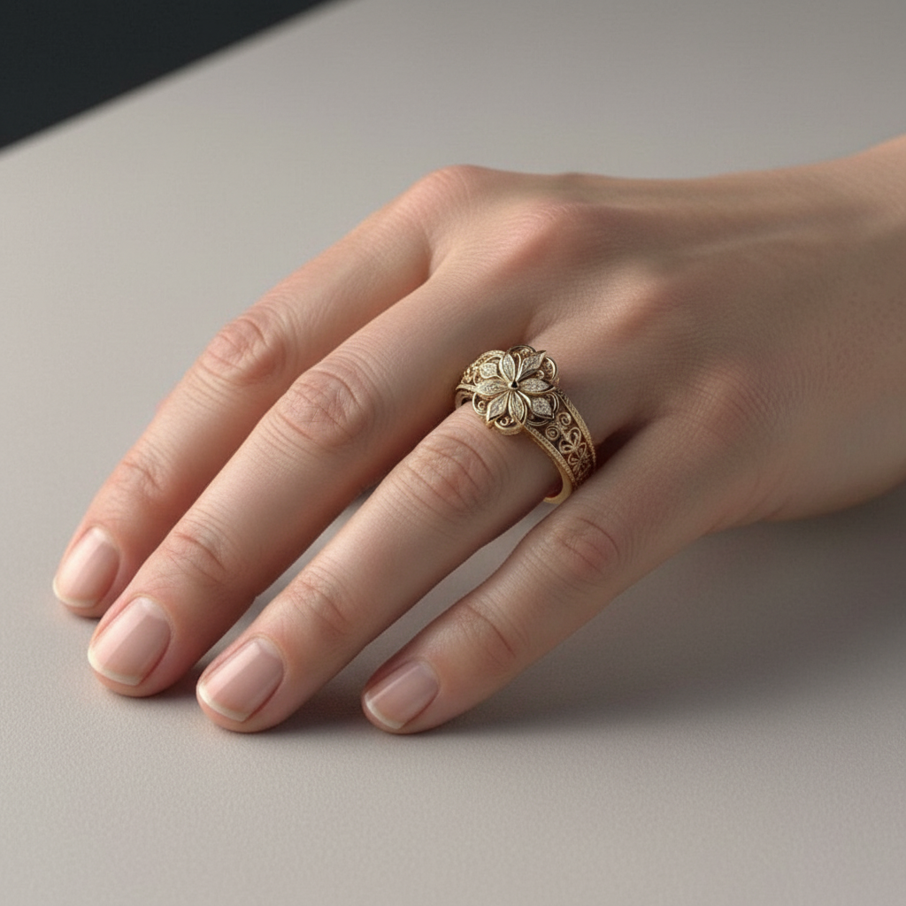 Pierścionek Egzotyczny Kwiatowy w Złocie z Cyrkonią