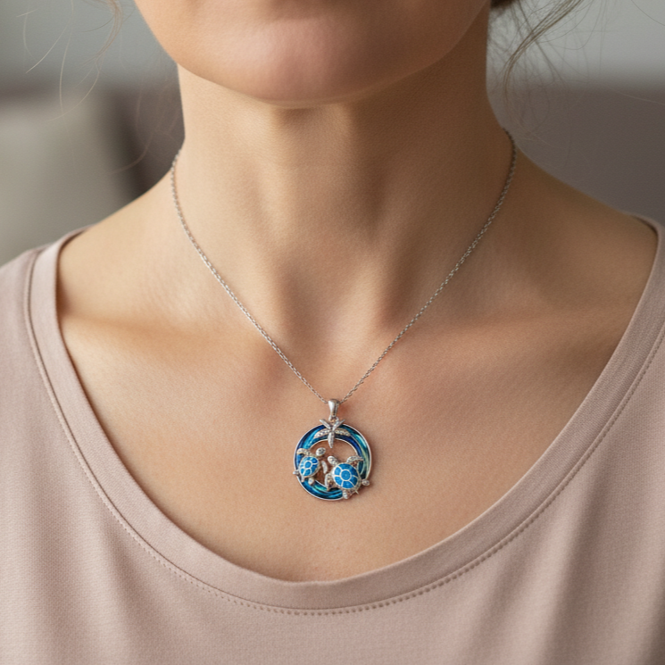 Naszyjnik - Żółw, Krąg i Opal na Dłoni