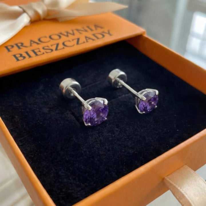 Kolczyki okrągłe Amethyst | Białe Złoto